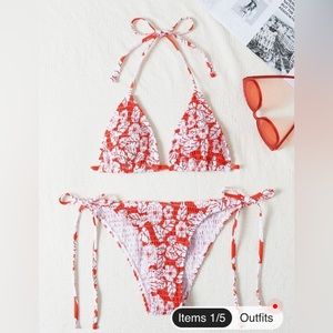 Shein size M red and white floral triangle bikini set